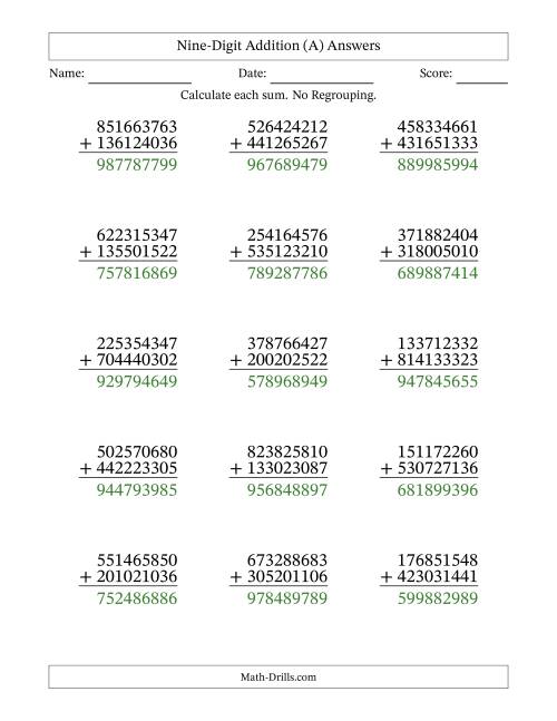 The 9-Digit Plus 9-Digit Addition with NO Regrouping (A) Math Worksheet Page 2