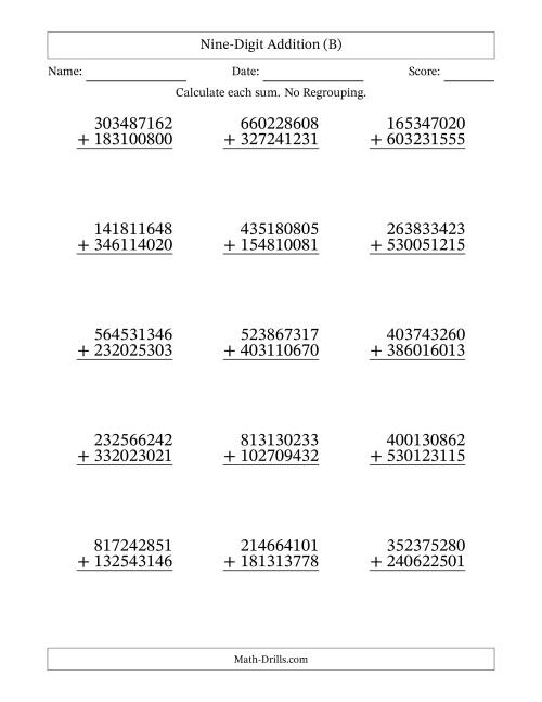 The Nine-Digit Addition With No Regrouping – 15 Questions (B) Math Worksheet