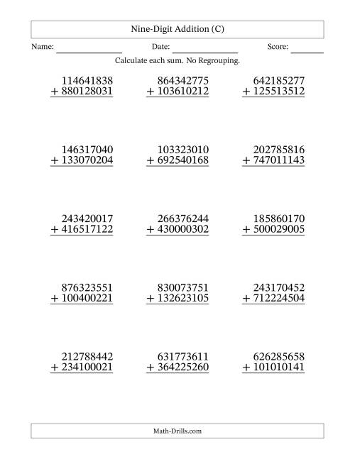 The 9-Digit Plus 9-Digit Addition with NO Regrouping (C) Math Worksheet