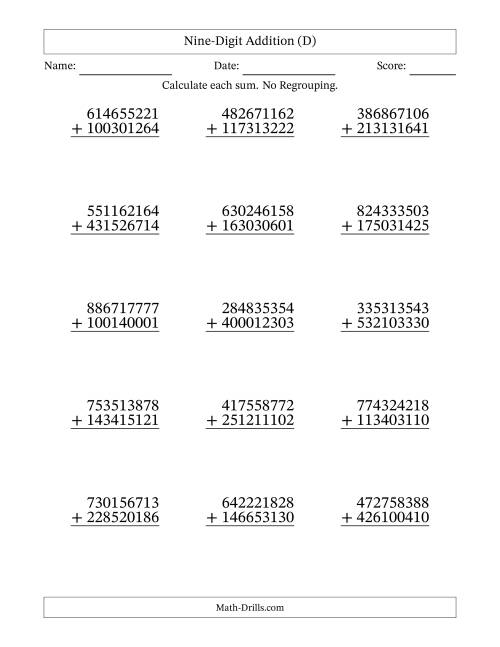 The 9-Digit Plus 9-Digit Addition with NO Regrouping (D) Math Worksheet