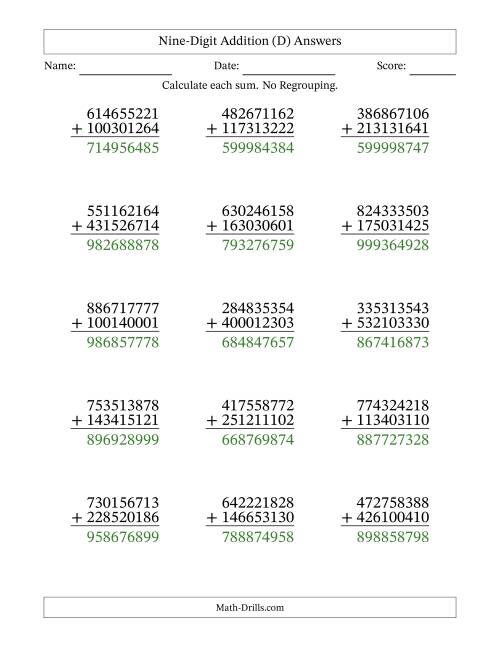 The 9-Digit Plus 9-Digit Addition with NO Regrouping (D) Math Worksheet Page 2