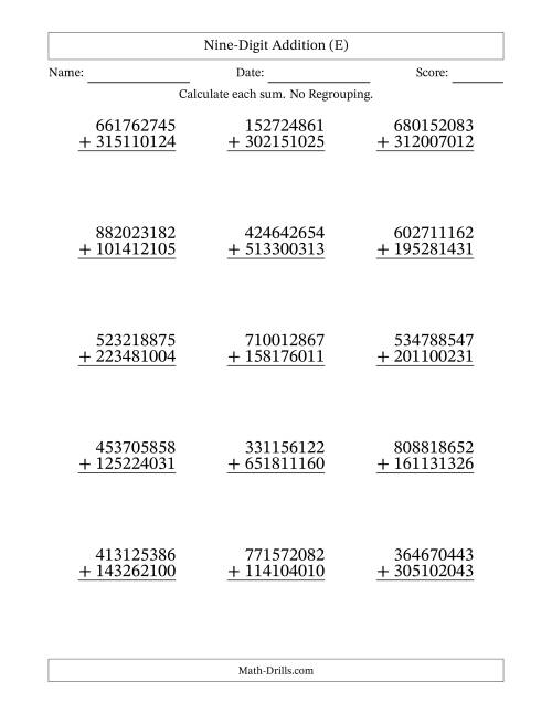 The Nine-Digit Addition With No Regrouping – 15 Questions (E) Math Worksheet