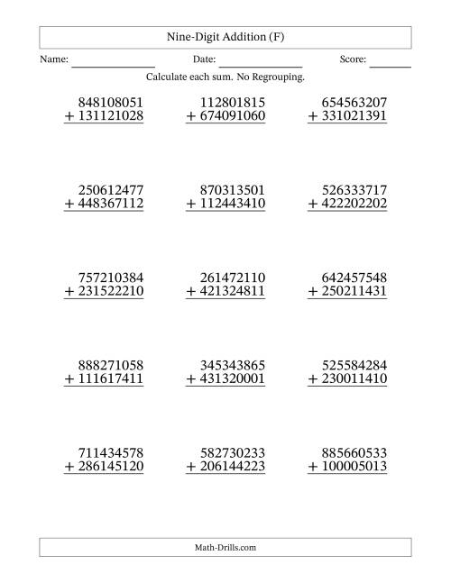 The Nine-Digit Addition With No Regrouping – 15 Questions (F) Math Worksheet