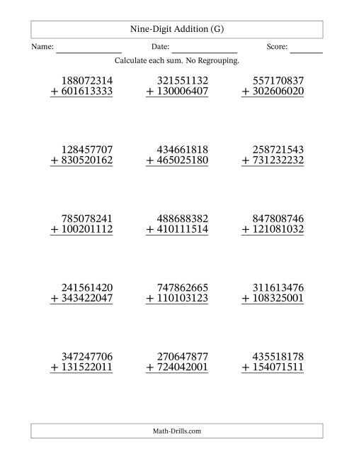 The Nine-Digit Addition With No Regrouping – 15 Questions (G) Math Worksheet