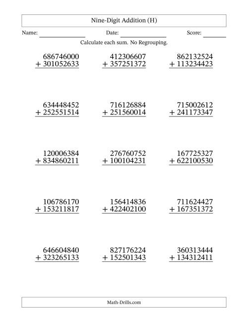 The 9-Digit Plus 9-Digit Addition with NO Regrouping (H) Math Worksheet