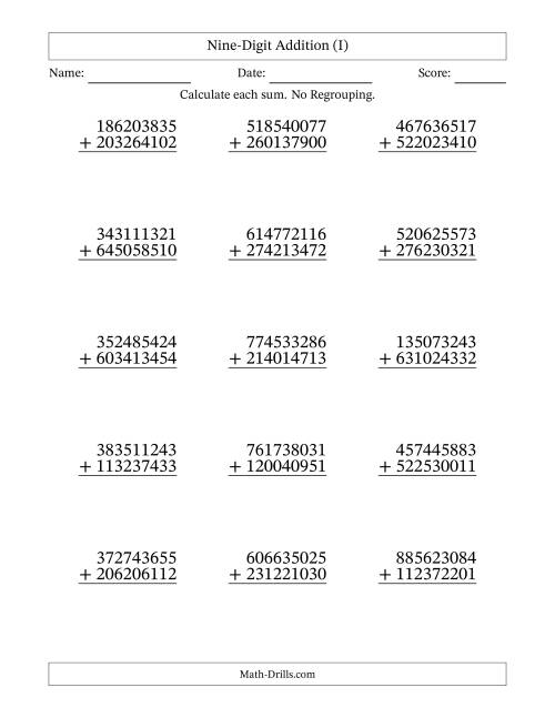 The Nine-Digit Addition With No Regrouping – 15 Questions (I) Math Worksheet