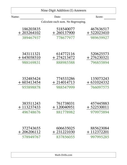 The 9-Digit Plus 9-Digit Addition with NO Regrouping (I) Math Worksheet Page 2