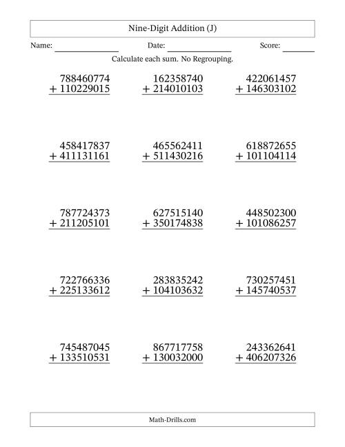 The 9-Digit Plus 9-Digit Addition with NO Regrouping (J) Math Worksheet