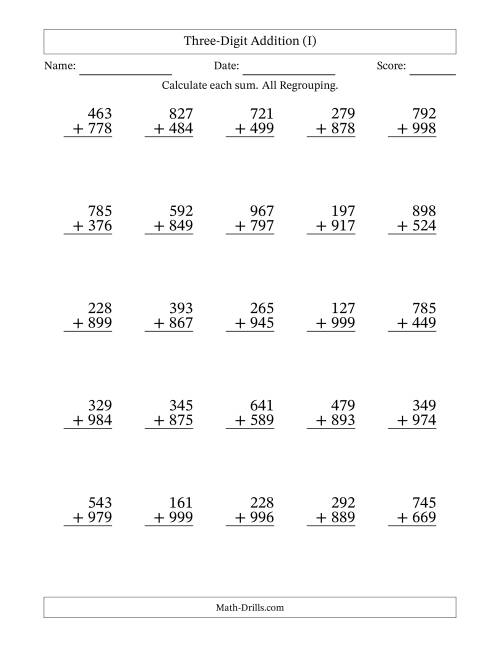 The 3-Digit Plus 3-Digit Addtion with ALL Regrouping (I) Math Worksheet