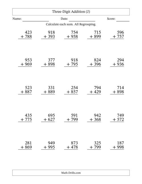 The 3-Digit Plus 3-Digit Addtion with ALL Regrouping (J) Math Worksheet