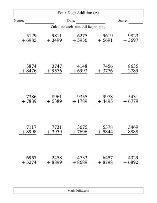 The Four-Digit Addition With All Regrouping – 25 Questions (A) Math Worksheet