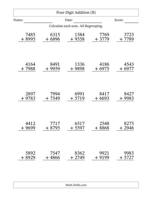 The Four-Digit Addition With All Regrouping – 25 Questions (B) Math Worksheet