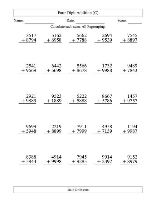 The Four-Digit Addition With All Regrouping – 25 Questions (C) Math Worksheet