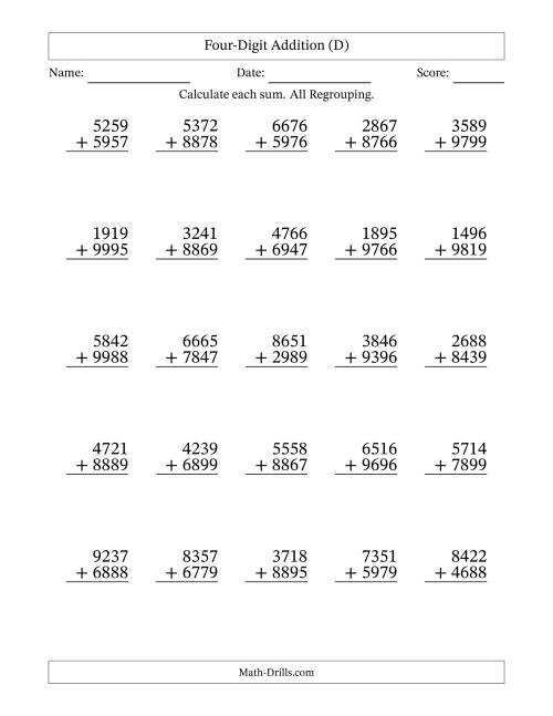 The 4-Digit Plus 4-Digit Addtion with ALL Regrouping (D) Math Worksheet