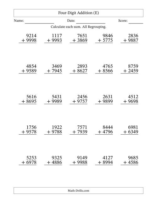 The 4-Digit Plus 4-Digit Addtion with ALL Regrouping (E) Math Worksheet