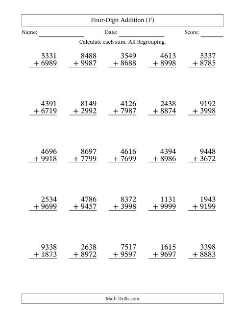 The Four-Digit Addition With All Regrouping – 25 Questions (F) Math Worksheet