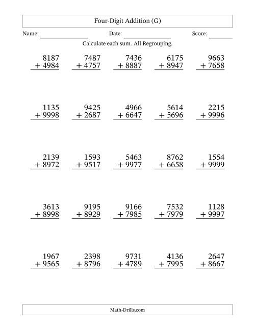 The Four-Digit Addition With All Regrouping – 25 Questions (G) Math Worksheet