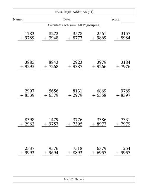 The Four-Digit Addition With All Regrouping – 25 Questions (H) Math Worksheet