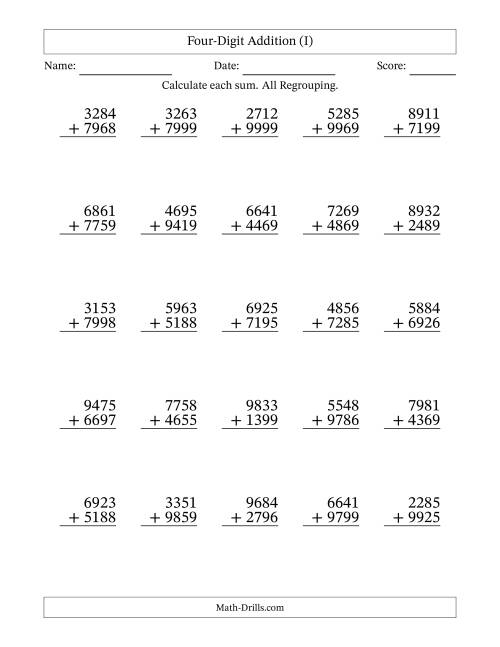 The Four-Digit Addition With All Regrouping – 25 Questions (I) Math Worksheet