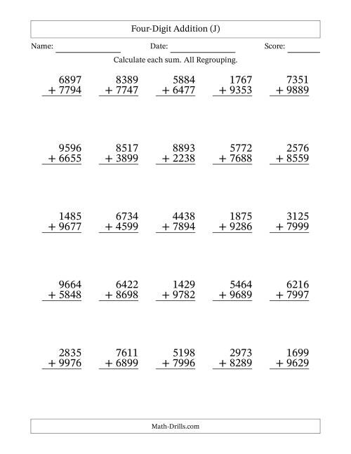 The 4-Digit Plus 4-Digit Addtion with ALL Regrouping (J) Math Worksheet