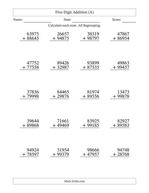 The Five-Digit Addition With All Regrouping – 20 Questions (A) Math Worksheet