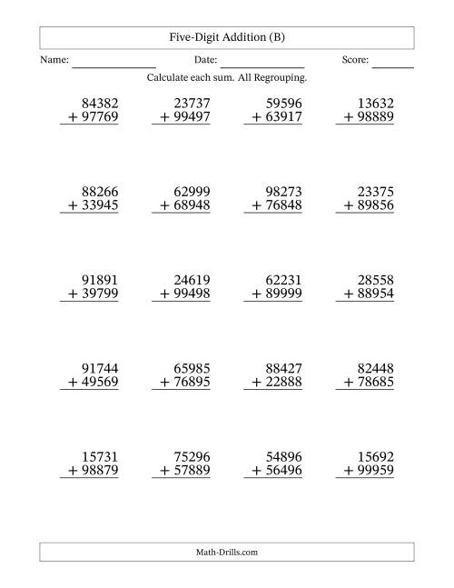 The 5-Digit Plus 5-Digit Addtion with ALL Regrouping (B) Math Worksheet
