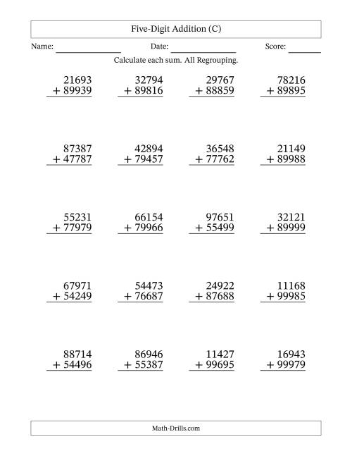 The Five-Digit Addition With All Regrouping – 20 Questions (C) Math Worksheet