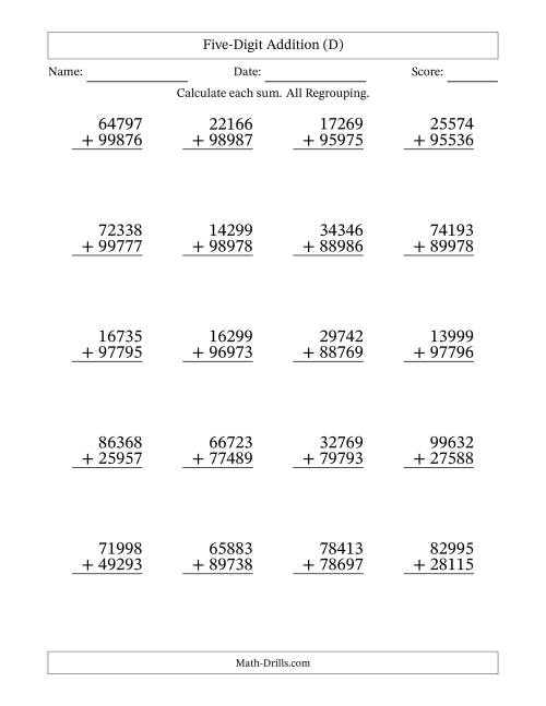 The Five-Digit Addition With All Regrouping – 20 Questions (D) Math Worksheet