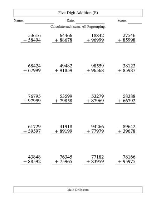 The Five-Digit Addition With All Regrouping – 20 Questions (E) Math Worksheet