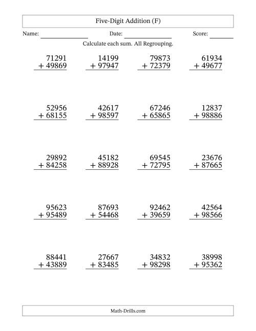 The Five-Digit Addition With All Regrouping – 20 Questions (F) Math Worksheet