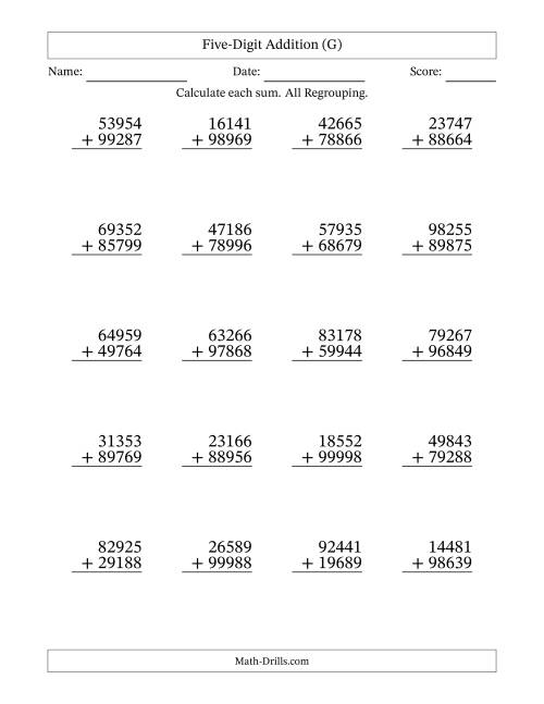 The Five-Digit Addition With All Regrouping – 20 Questions (G) Math Worksheet