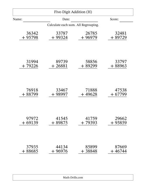 The Five-Digit Addition With All Regrouping – 20 Questions (H) Math Worksheet