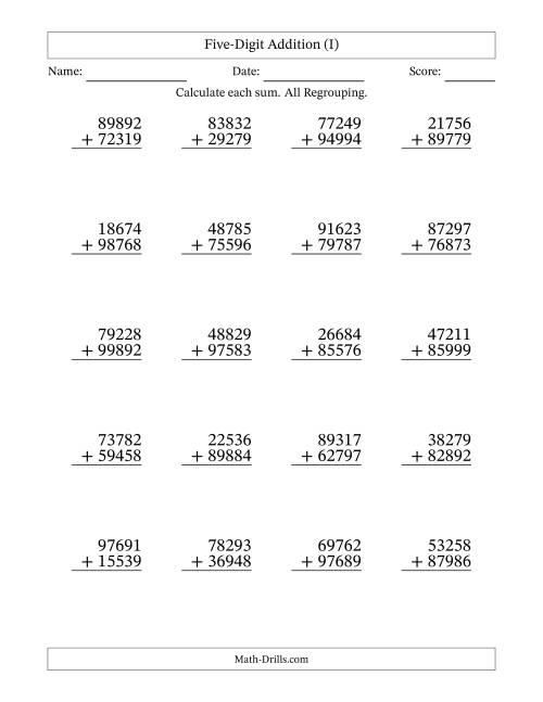 The Five-Digit Addition With All Regrouping – 20 Questions (I) Math Worksheet