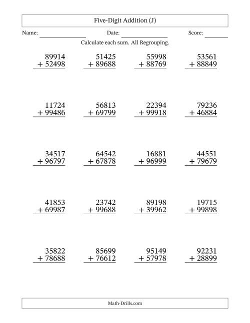 The 5-Digit Plus 5-Digit Addtion with ALL Regrouping (J) Math Worksheet