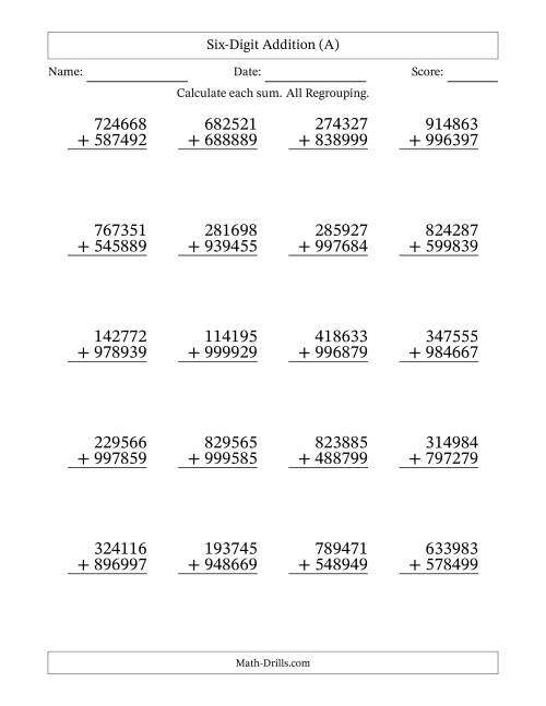 The Six-Digit Addition With All Regrouping – 20 Questions (A) Math Worksheet