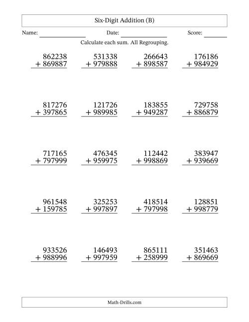 The Six-Digit Addition With All Regrouping – 20 Questions (B) Math Worksheet