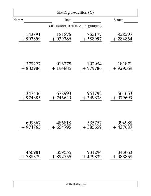 The Six-Digit Addition With All Regrouping – 20 Questions (C) Math Worksheet