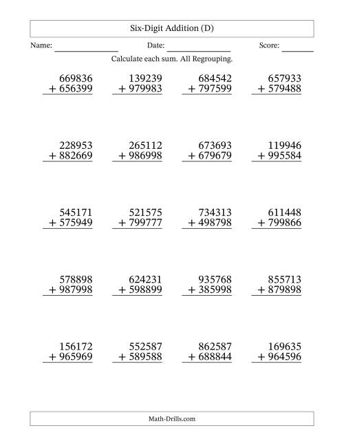 The Six-Digit Addition With All Regrouping – 20 Questions (D) Math Worksheet