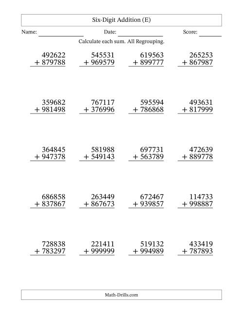 The Six-Digit Addition With All Regrouping – 20 Questions (E) Math Worksheet