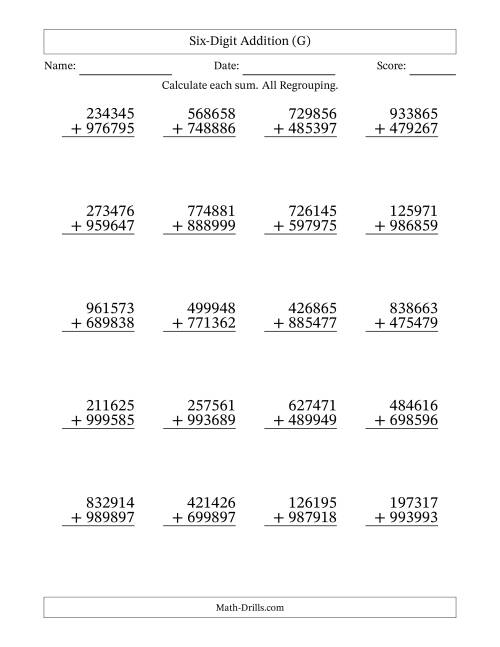 The Six-Digit Addition With All Regrouping – 20 Questions (G) Math Worksheet
