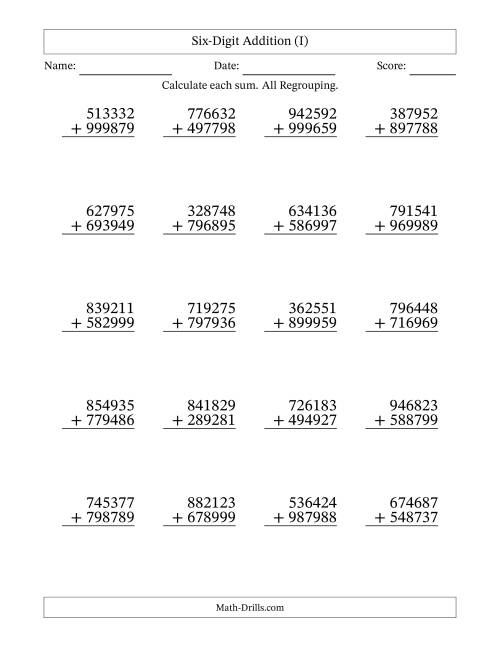 The Six-Digit Addition With All Regrouping – 20 Questions (I) Math Worksheet