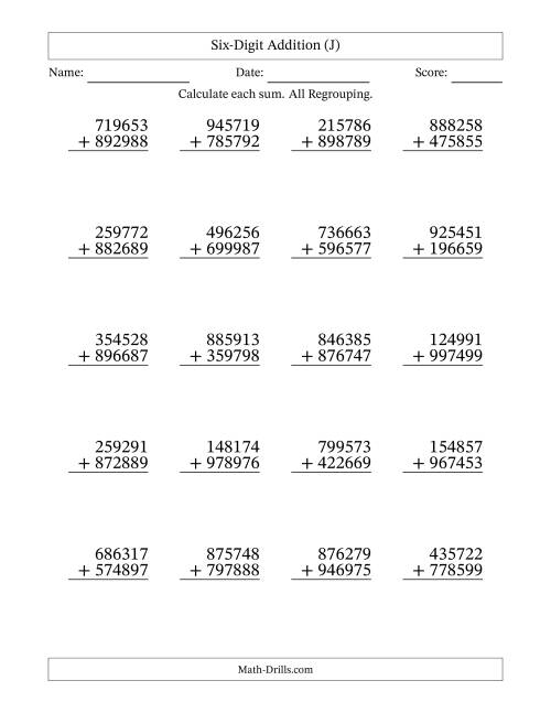 The Six-Digit Addition With All Regrouping – 20 Questions (J) Math Worksheet