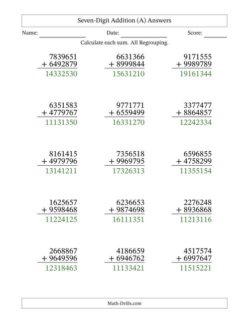 The 7-Digit Plus 7-Digit Addtion with ALL Regrouping (A) Math Worksheet Page 2