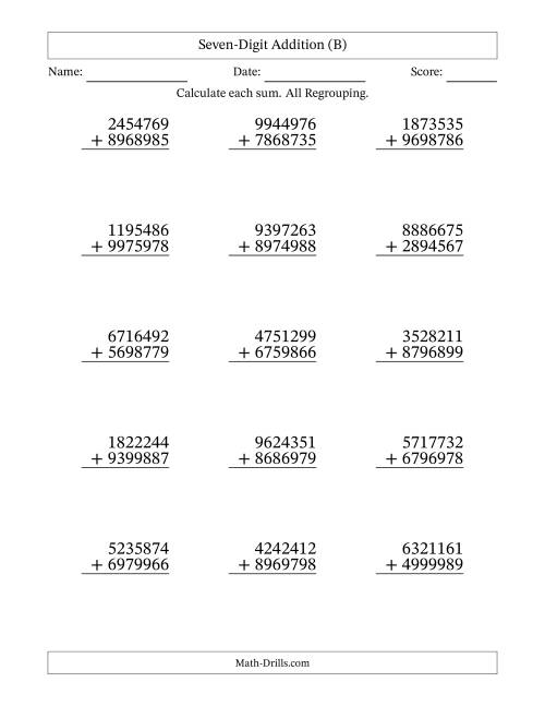 The Seven-Digit Addition With All Regrouping – 15 Questions (B) Math Worksheet