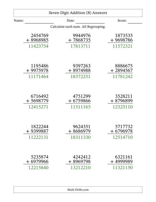 The Seven-Digit Addition With All Regrouping – 15 Questions (B) Math Worksheet Page 2