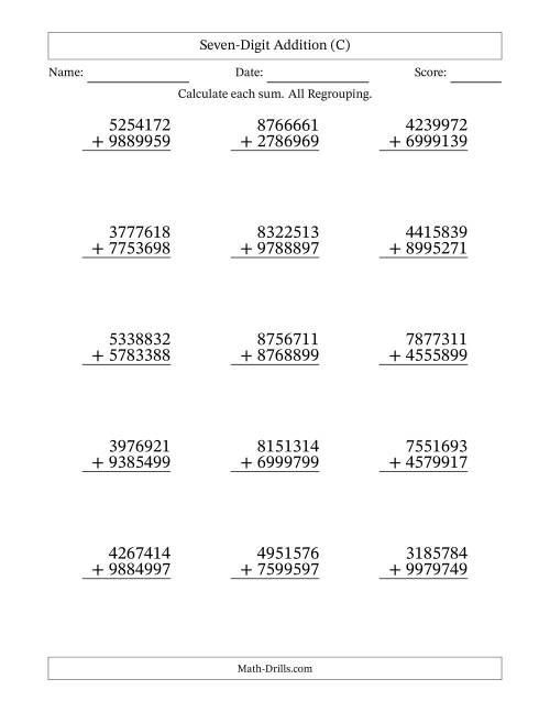 The Seven-Digit Addition With All Regrouping – 15 Questions (C) Math Worksheet