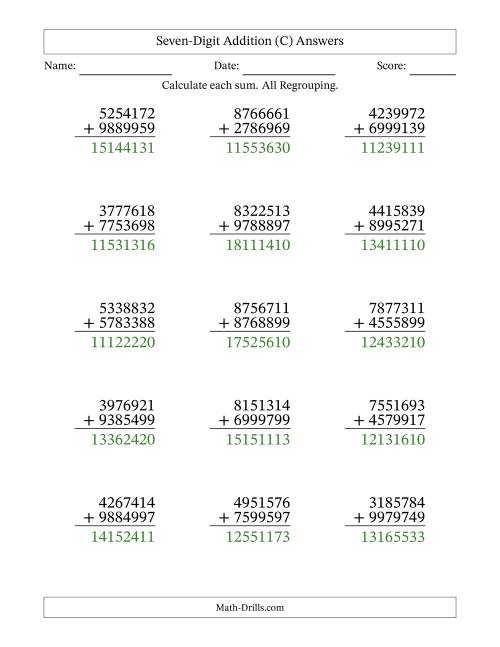 The Seven-Digit Addition With All Regrouping – 15 Questions (C) Math Worksheet Page 2