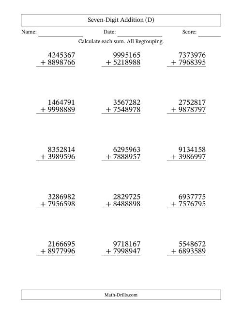 The Seven-Digit Addition With All Regrouping – 15 Questions (D) Math Worksheet