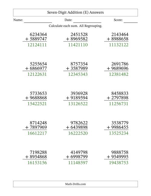 The Seven-Digit Addition With All Regrouping – 15 Questions (E) Math Worksheet Page 2