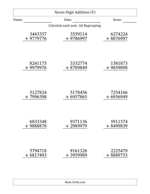 The Seven-Digit Addition With All Regrouping – 15 Questions (F) Math Worksheet